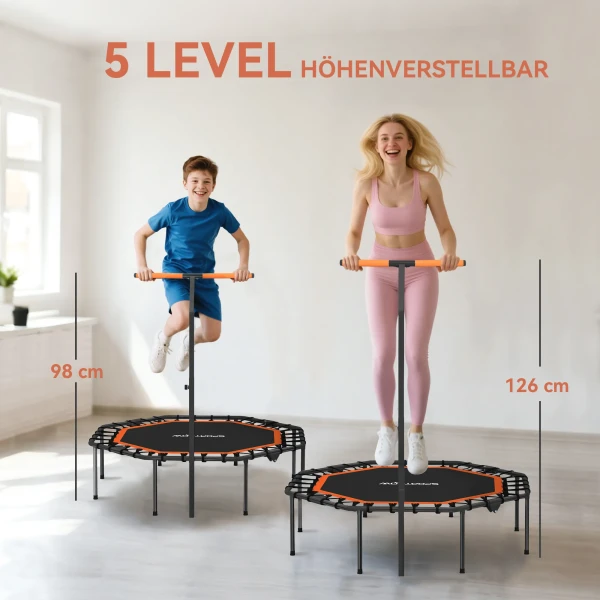 Sportnow fitness trampoline, trainingstrampoline met verstelbare handgreep, stabiel en stil, voor binnen, staal, oranje 5