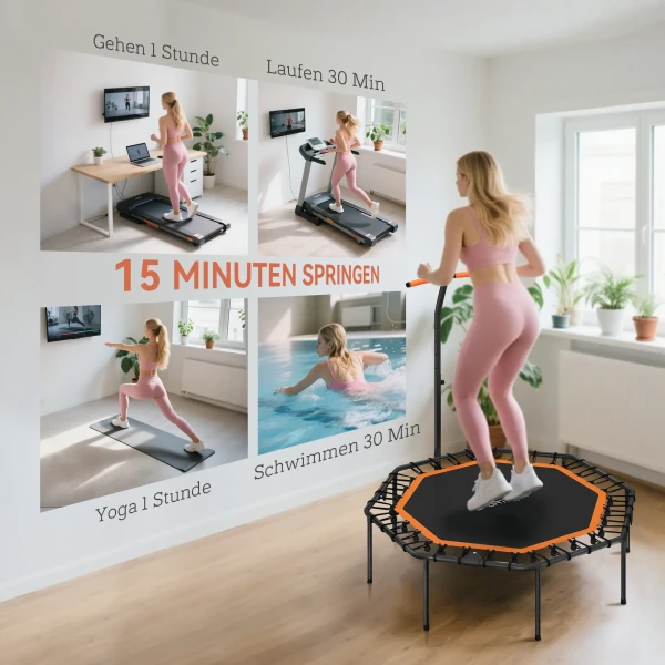 Sportnow fitness trampoline, trainingstrampoline met verstelbare handgreep, stabiel en stil, voor binnen, staal, oranje 8