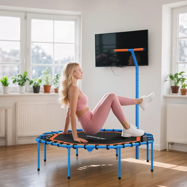 Sportnow fitness trampoline, trainingstrampoline met verstelbare handgreep, stabiel en stil, voor binnenshuis, staal, blauw 10