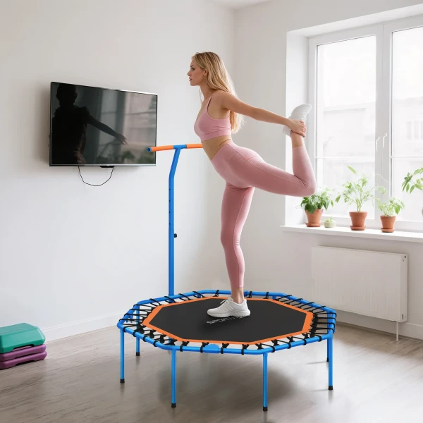 Sportnow fitness trampoline, trainingstrampoline met verstelbare handgreep, stabiel en stil, voor binnenshuis, staal, blauw 9