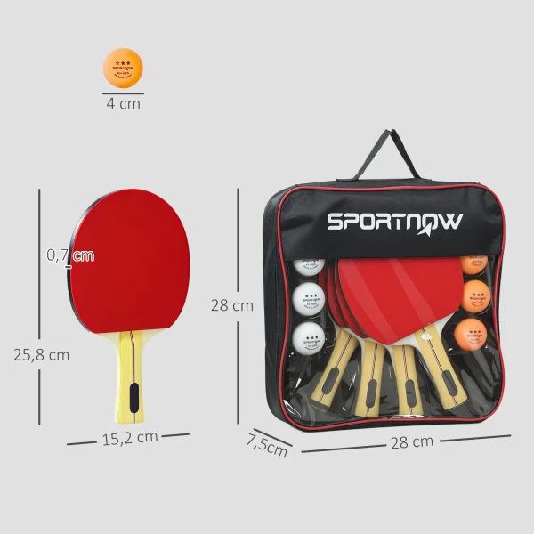 Sportnow tafeltennisbatje tafeltennis set met 4 tafeltennisbatjes, 8 tafeltennisballen draagtas voor binnen & buiten 4
