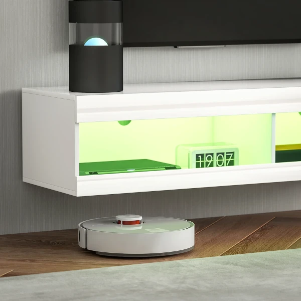 Tv kast, hangend tv lowboard met rgb led verlichting in 16 kleuren, tv standaard met open opbergruimte, voor 55 60 inch televisies, voor woonkamer, slaapkamer, 140 x 40 x 30 cm, hoogglans wit 10