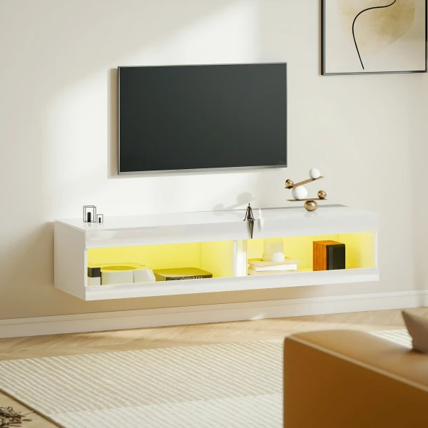 Tv kast, hangend tv lowboard met rgb led verlichting in 16 kleuren, tv standaard met open opbergruimte, voor 55 60 inch televisies, voor woonkamer, slaapkamer, 140 x 40 x 30 cm, hoogglans wit 2
