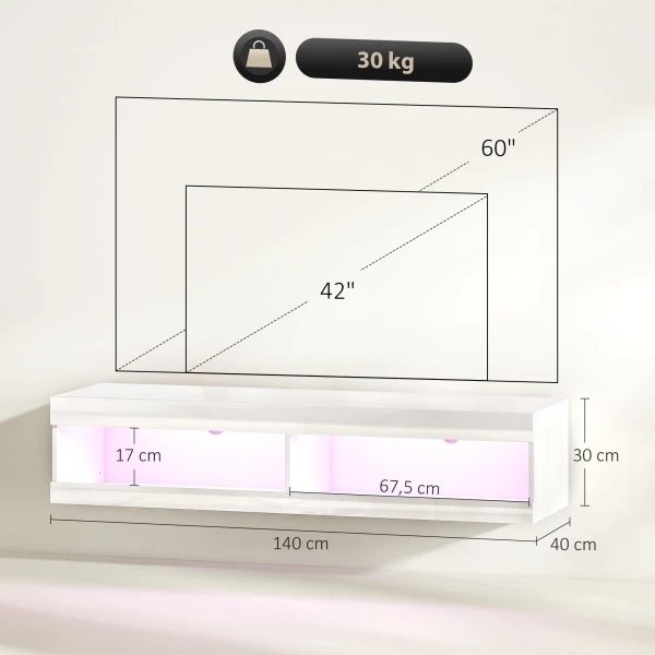 Tv kast, hangend tv lowboard met rgb led verlichting in 16 kleuren, tv standaard met open opbergruimte, voor 55 60 inch televisies, voor woonkamer, slaapkamer, 140 x 40 x 30 cm, hoogglans wit 4
