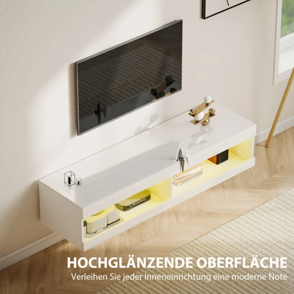 Tv kast, hangend tv lowboard met rgb led verlichting in 16 kleuren, tv standaard met open opbergruimte, voor 55 60 inch televisies, voor woonkamer, slaapkamer, 140 x 40 x 30 cm, hoogglans wit 6