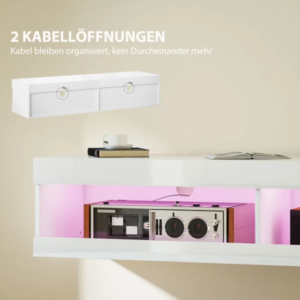 Tv kast, hangend tv lowboard met rgb led verlichting in 16 kleuren, tv standaard met open opbergruimte, voor 55 60 inch televisies, voor woonkamer, slaapkamer, 140 x 40 x 30 cm, hoogglans wit 7