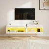 Tv kast, hangend tv lowboard met rgb led verlichting in 16 kleuren, tv standaard met open opbergruimte, voor 55 60 inch televisies, voor woonkamer, slaapkamer, 140 x 40 x 30 cm, hoogglans wit 9