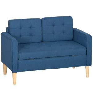 Tweezitsbank met opbergruimte, knoopstiksels, kussens, rubberboomhout, 117x62x78cm, blauw 1