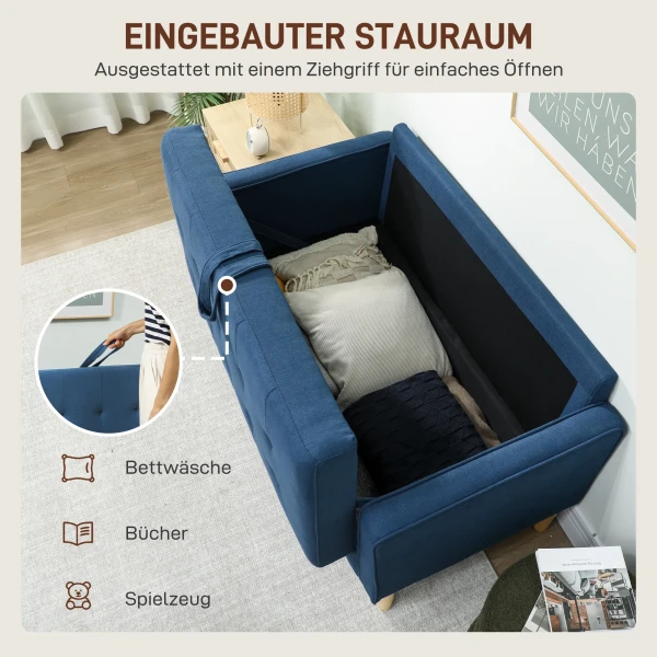 Tweezitsbank met opbergruimte, knoopstiksels, kussens, rubberboomhout, 117x62x78cm, blauw 5