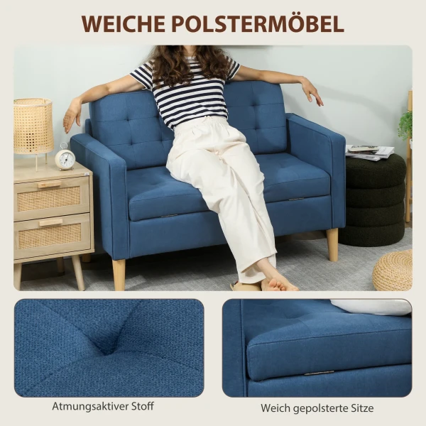 Tweezitsbank met opbergruimte, knoopstiksels, kussens, rubberboomhout, 117x62x78cm, blauw 6