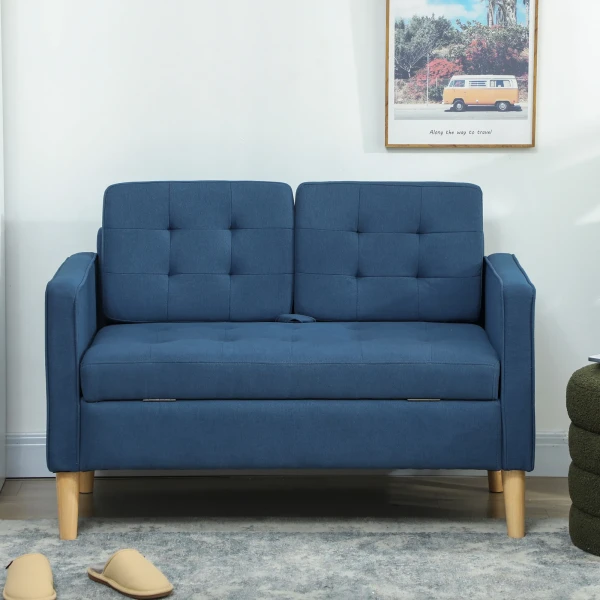 Tweezitsbank met opbergruimte, knoopstiksels, kussens, rubberboomhout, 117x62x78cm, blauw 9