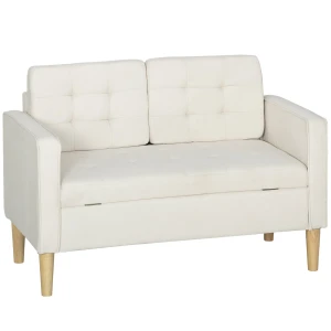 Tweezitsbank met opbergruimte, knoopstiksels, kussens, rubberboomhout, 117x62x78cm, crèmewit 1