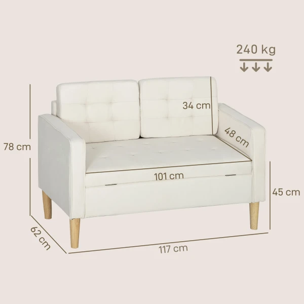 Tweezitsbank met opbergruimte, knoopstiksels, kussens, rubberboomhout, 117x62x78cm, crèmewit 4