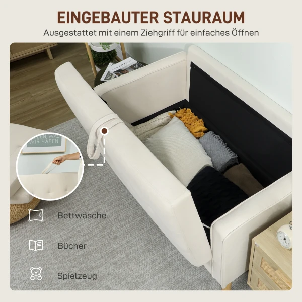 Tweezitsbank met opbergruimte, knoopstiksels, kussens, rubberboomhout, 117x62x78cm, crèmewit 5