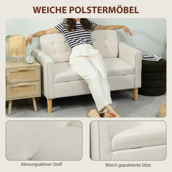 Tweezitsbank met opbergruimte, knoopstiksels, kussens, rubberboomhout, 117x62x78cm, crèmewit 6