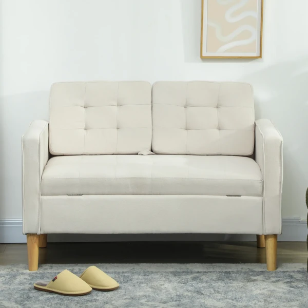 Tweezitsbank met opbergruimte, knoopstiksels, kussens, rubberboomhout, 117x62x78cm, crèmewit 9