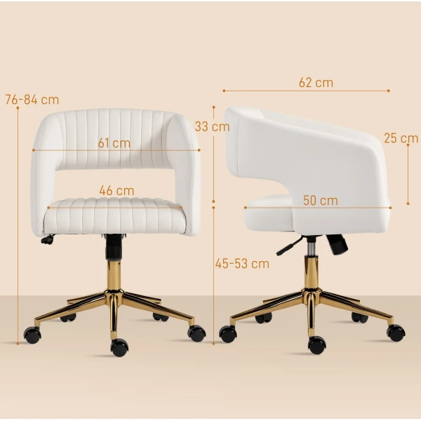 Verrijdbare bureaustoel met fluwelen bekleding, in hoogte verstelbare kantoorstoel, kantelfunctie, crème wit 4