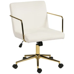 Verrijdbare bureaustoel met gouden accenten, computerstoel met metalen basis, stoffen bekleding in fluweel look, crèmewit 1