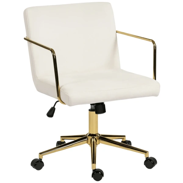 Verrijdbare bureaustoel met gouden accenten, computerstoel met metalen basis, stoffen bekleding in fluweel look, crèmewit 1