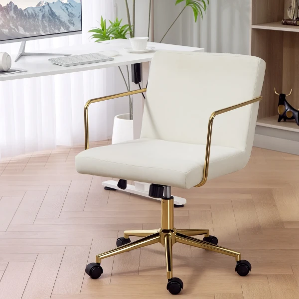 Verrijdbare bureaustoel met gouden accenten, computerstoel met metalen basis, stoffen bekleding in fluweel look, crèmewit 2