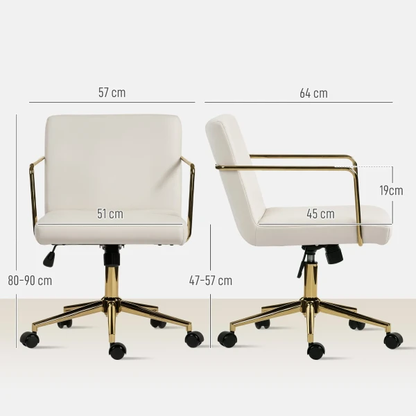 Verrijdbare bureaustoel met gouden accenten, computerstoel met metalen basis, stoffen bekleding in fluweel look, crèmewit 4