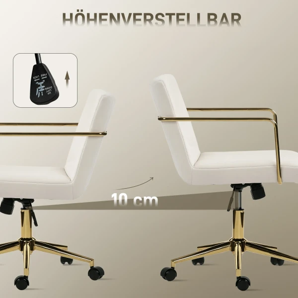 Verrijdbare bureaustoel met gouden accenten, computerstoel met metalen basis, stoffen bekleding in fluweel look, crèmewit 7