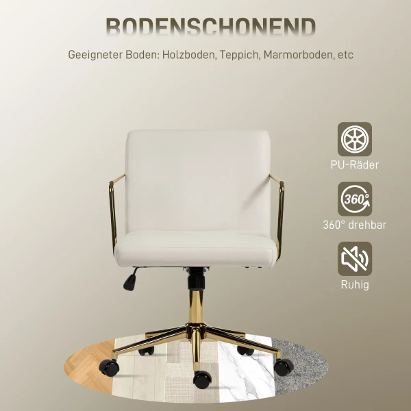 Verrijdbare bureaustoel met gouden accenten, computerstoel met metalen basis, stoffen bekleding in fluweel look, crèmewit 8