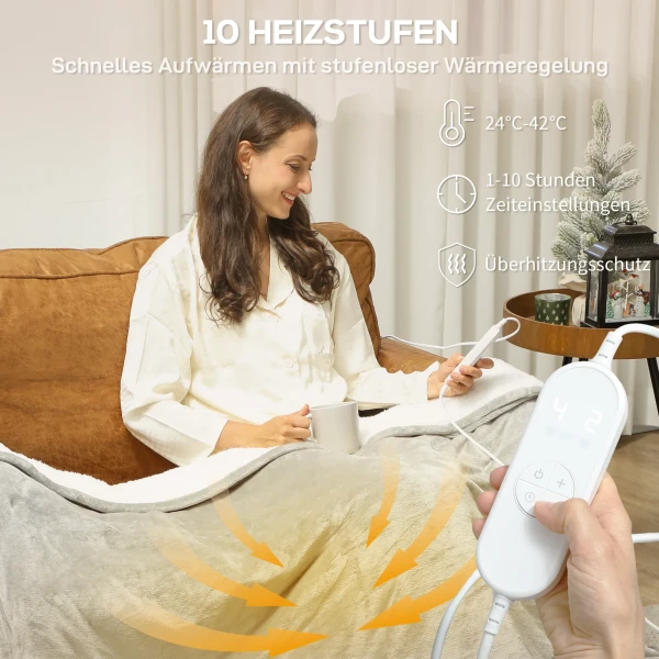 Verwarmde deken 180 x 130 cm elektrische warmtedeken met 10 verwarmingsniveaus, 10 uur timer oververhittingsbeveiliging led display 6