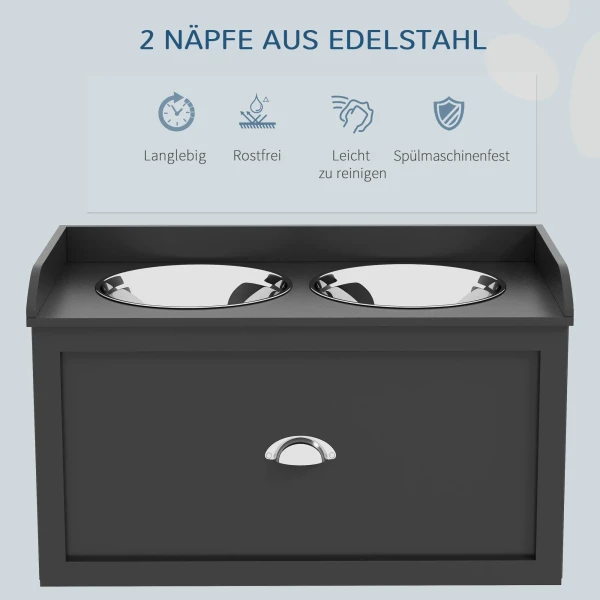 Voederstation, 2 voerbakken van elk 2 liter, roestvrij staal, met lade, voor grote honden, zwart+zilver, 60 x 30 x 36 cm 7