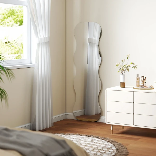 Volledige lichaamsspiegel zonder frame, houten basis, flexibel te plaatsen, golfvorm, zwart 10