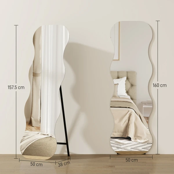 Volledige lichaamsspiegel zonder frame, houten basis, flexibel te plaatsen, golfvorm, zwart 4