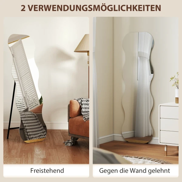 Volledige lichaamsspiegel zonder frame, houten basis, flexibel te plaatsen, golfvorm, zwart 6
