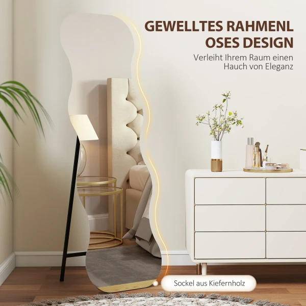 Volledige lichaamsspiegel zonder frame, houten basis, flexibel te plaatsen, golfvorm, zwart 7