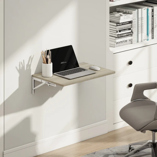 Wandklaptafel, 60x40 cm klaptafel, ruimtebesparende zwevende bureau met afgeronde hoeken, voor thuiswerkplek, woonkamer, slaapkamer, keuken, eiken 2