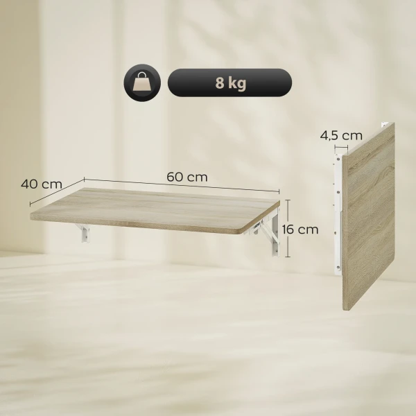 Wandklaptafel, 60x40 cm klaptafel, ruimtebesparende zwevende bureau met afgeronde hoeken, voor thuiswerkplek, woonkamer, slaapkamer, keuken, eiken 4