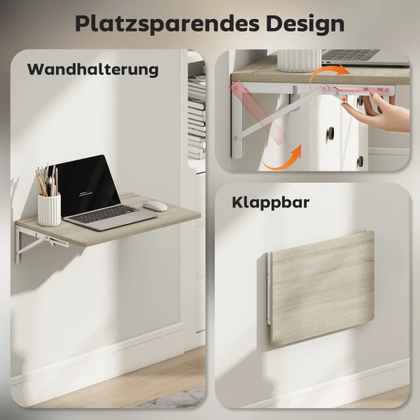 Wandklaptafel, 60x40 cm klaptafel, ruimtebesparende zwevende bureau met afgeronde hoeken, voor thuiswerkplek, woonkamer, slaapkamer, keuken, eiken 5