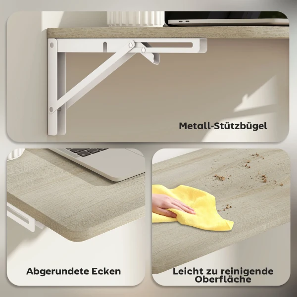 Wandklaptafel, 60x40 cm klaptafel, ruimtebesparende zwevende bureau met afgeronde hoeken, voor thuiswerkplek, woonkamer, slaapkamer, keuken, eiken 6