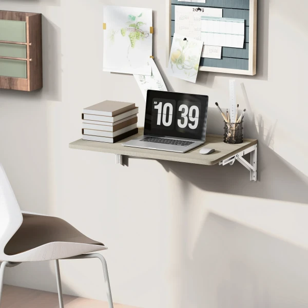 Wandklaptafel, 60x40 cm klaptafel, ruimtebesparende zwevende bureau met afgeronde hoeken, voor thuiswerkplek, woonkamer, slaapkamer, keuken, eiken 7
