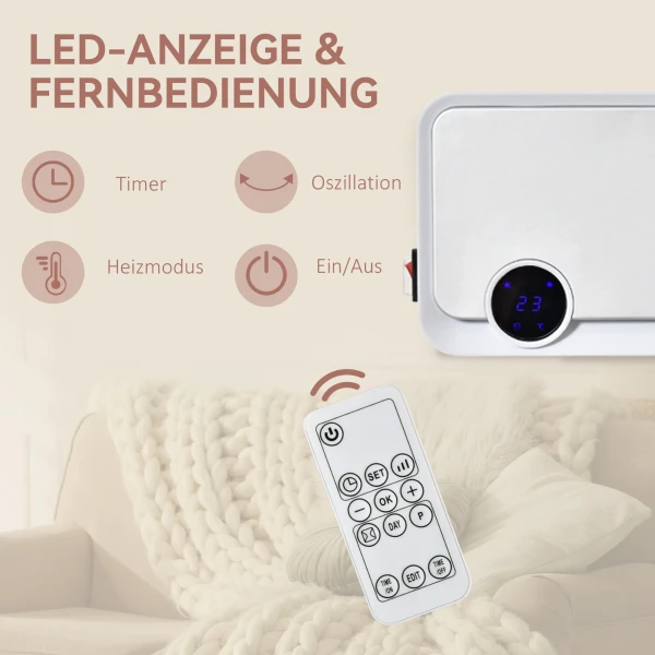 Wandmontage verwarmingstoestel 2000w met afstandsbediening, 3 bedrijfsmodi, led display 12u timer 6
