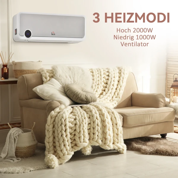 Wandmontage verwarmingstoestel 2000w met afstandsbediening, 3 bedrijfsmodi, led display 12u timer 8