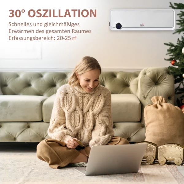 Wandmontage verwarmingstoestel 2000w met afstandsbediening, 3 bedrijfsmodi, led display 12u timer 9