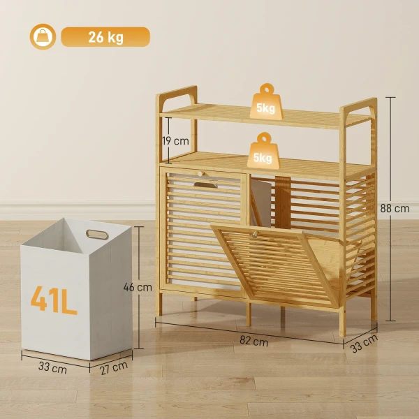 Wasrek met 2 wasmanden, vrijstaand bamboerek voor badkamer, wasruimte, natuurhout + crèmewit 4