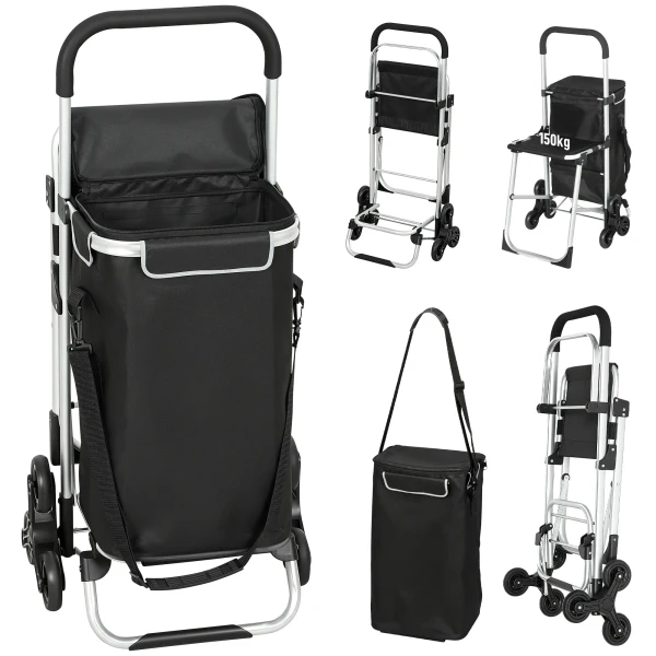 Winkelwagentje, 40 l oxford tas, 3 wiel ontwerp, aluminium frame, zitplaats, grijs 1