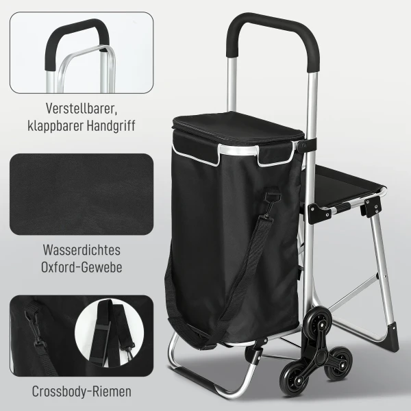 Winkelwagentje, 40 l oxford tas, 3 wiel ontwerp, aluminium frame, zitplaats, grijs 10
