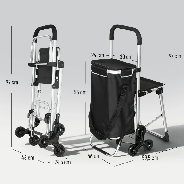 Winkelwagentje, 40 l oxford tas, 3 wiel ontwerp, aluminium frame, zitplaats, grijs 4