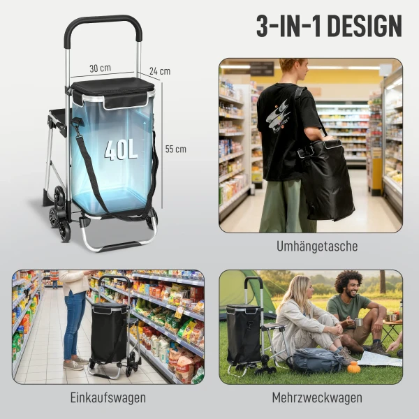 Winkelwagentje, 40 l oxford tas, 3 wiel ontwerp, aluminium frame, zitplaats, grijs 5