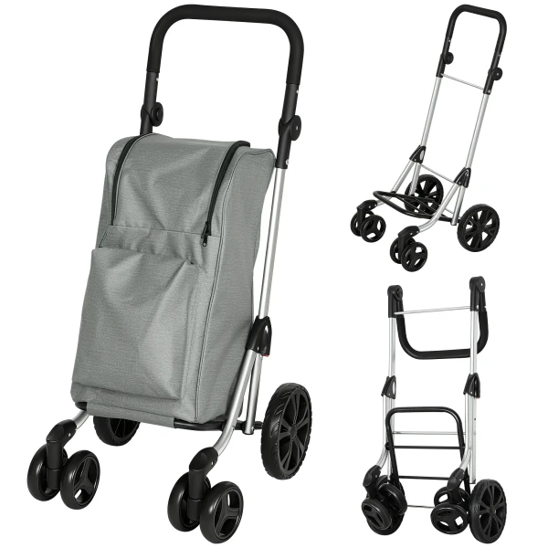 Winkelwagentje, 46 liter tas, opvouwbare winkelwagen met koeltas, verstelbare handgreep, aluminium frame, grijs 1