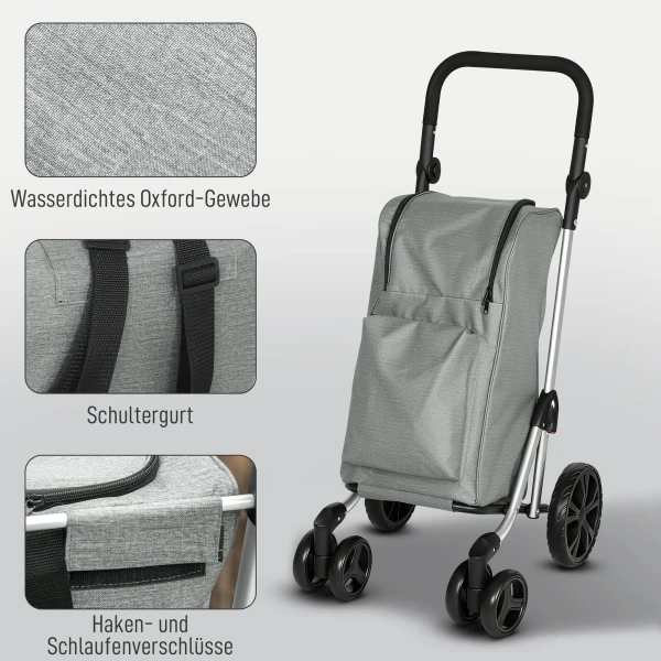 Winkelwagentje, 46 liter tas, opvouwbare winkelwagen met koeltas, verstelbare handgreep, aluminium frame, grijs 10