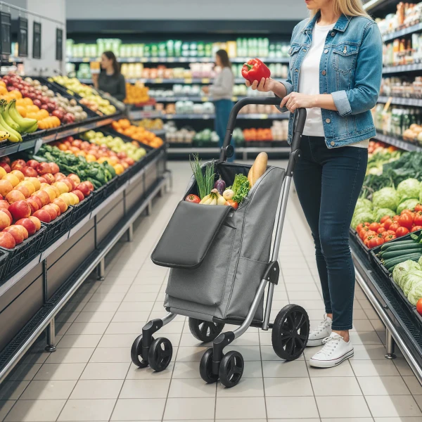 Winkelwagentje, 46 liter tas, opvouwbare winkelwagen met koeltas, verstelbare handgreep, aluminium frame, grijs 2
