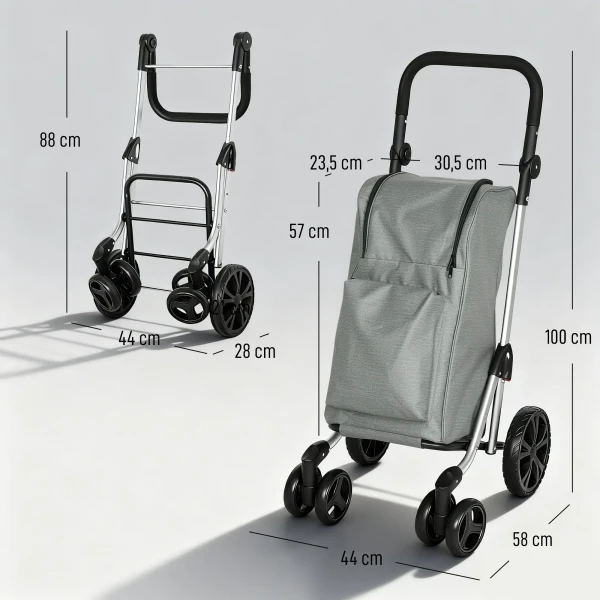 Winkelwagentje, 46 liter tas, opvouwbare winkelwagen met koeltas, verstelbare handgreep, aluminium frame, grijs 4